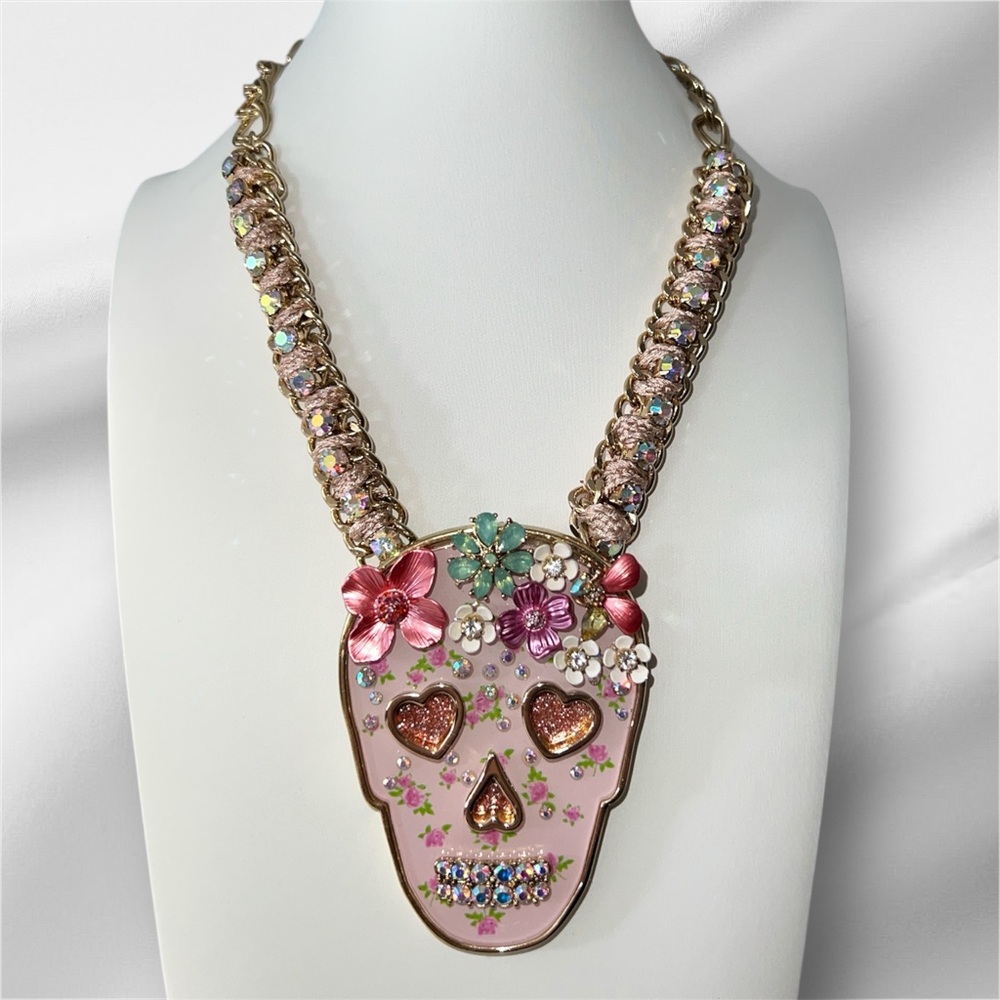 Betsy Johnson floral Halo Candy Skull AB Crystal Necklace